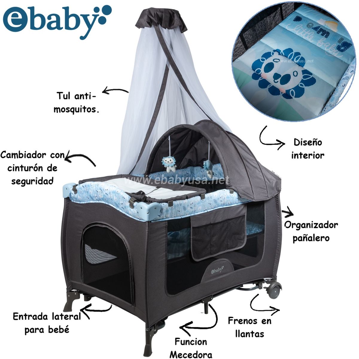Cuna corral con Funcion Mecedora y Camiador Sally AZ, marca EBABY - Foto Principal