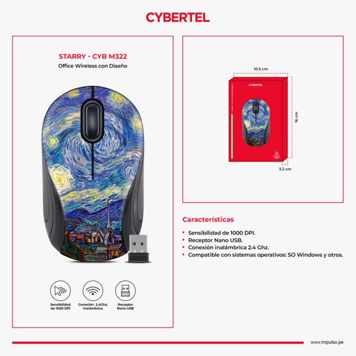 CYBERTEL - Mouse inalámbrico con Diseño 1000DPI Cybertel Starry CYB M322
