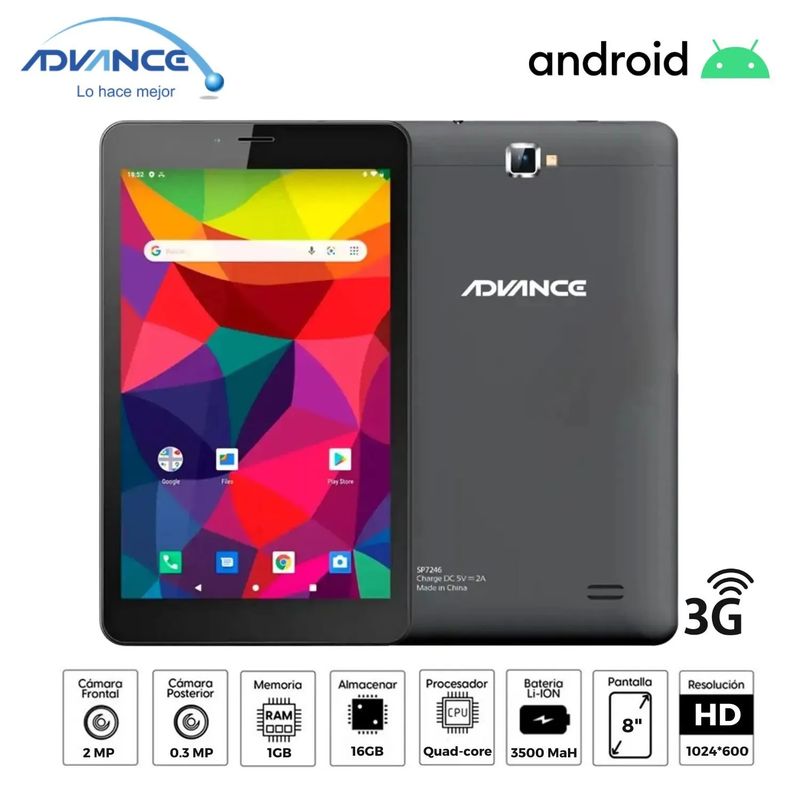 ADVANCE - Tablet Advance Intro SP7246, 8" Pulg. Android 9 Go 3G Dual SIM 1GB RAM 16GB