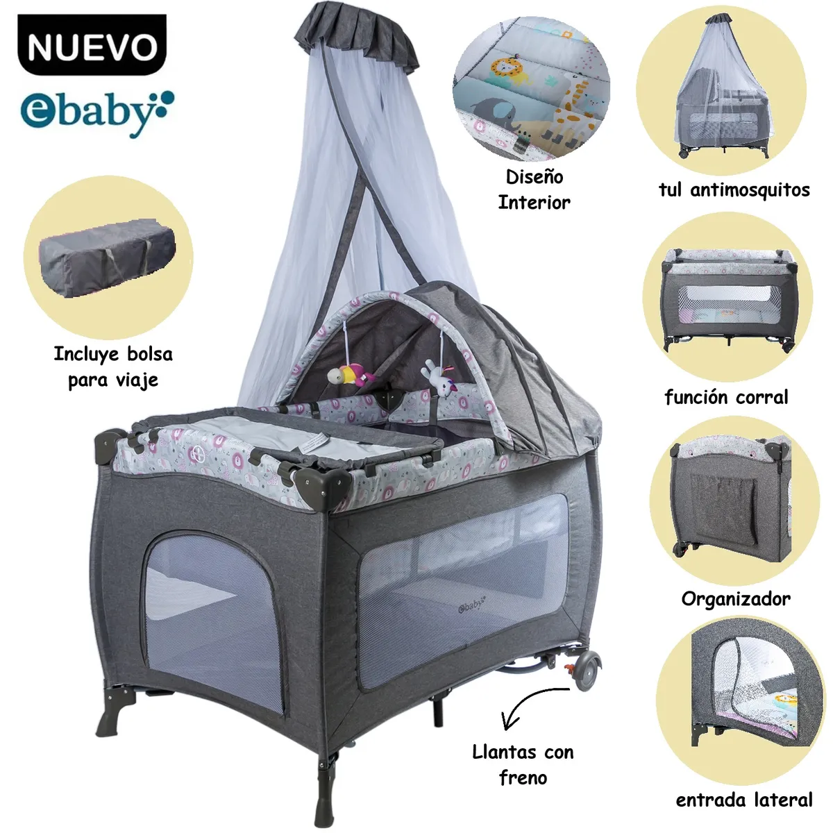 EBABY - Cuna Corral Mecedora con Cambiador 716-3 GR