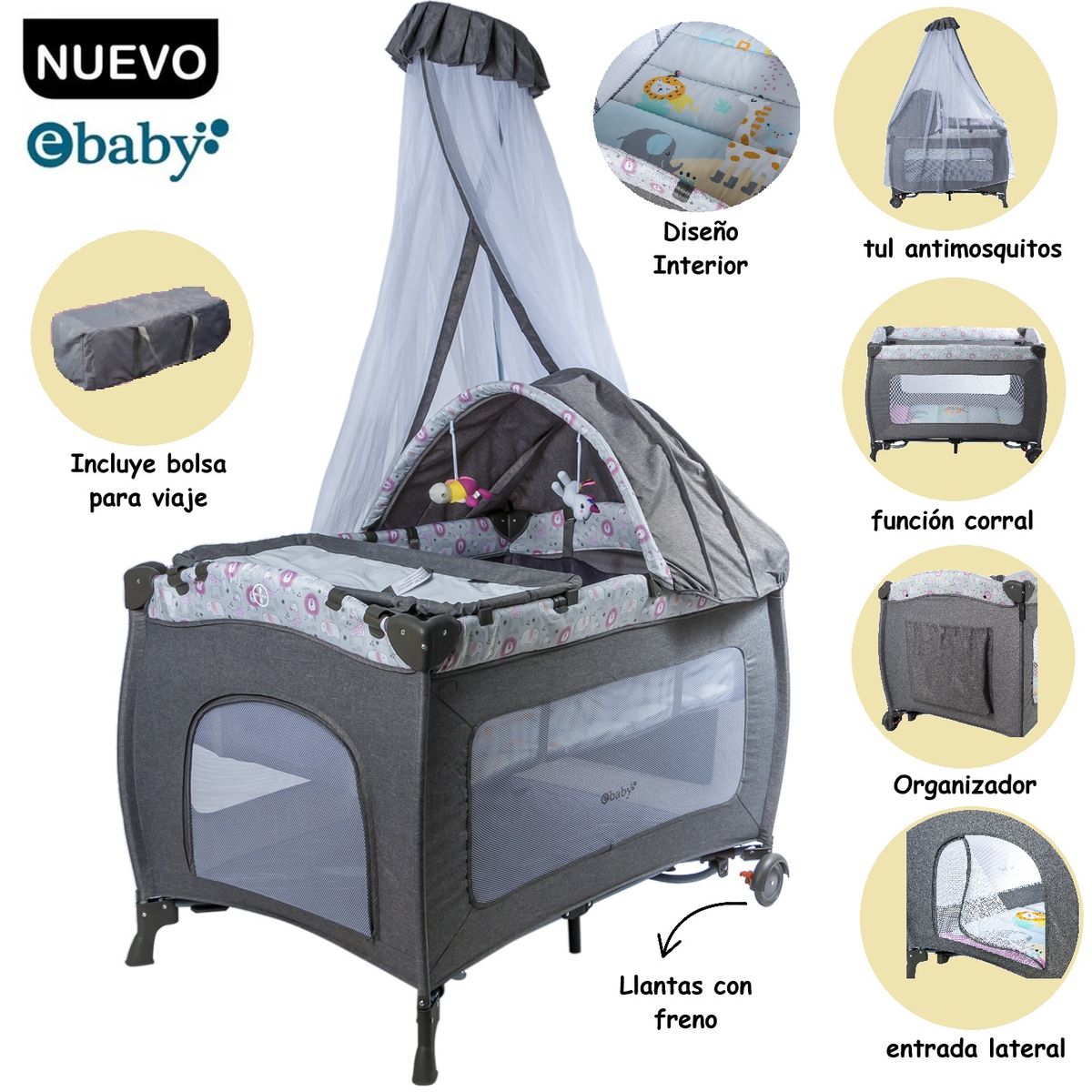 EBABY - Cuna Corral Mecedora con Cambiador 716-3 GR