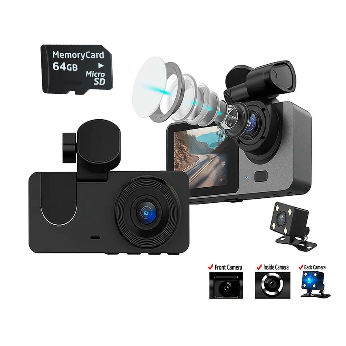 OEM - Cámara para Auto Baihuo MY-7592 Triple Lente HD 1080 microSD 64GB