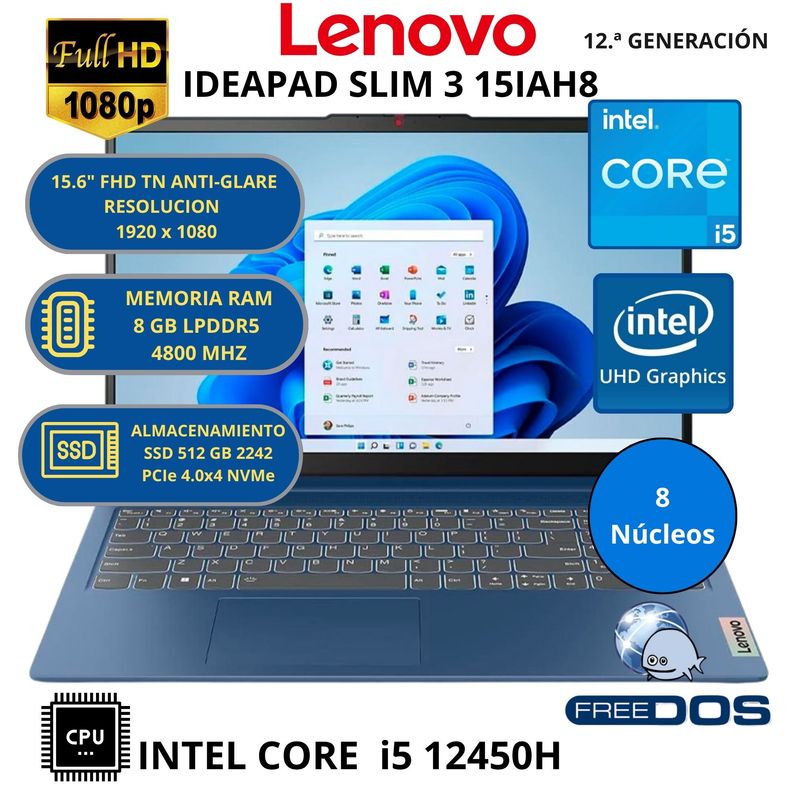 LENOVO - Laptop Lenovo IDEAPAD SLIM 3 15IAH8 INTEL CORE i5-RAM 8GB SSD 512GB 15.6" FHD