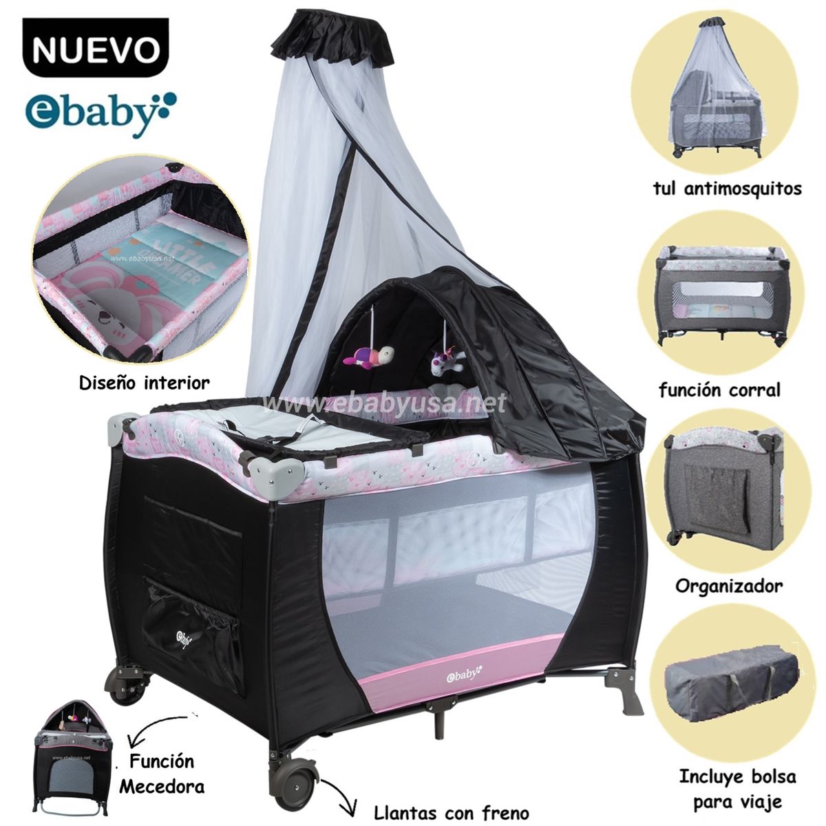 EBABY - Cuna corral con Funcion Mecedora y Cambiador RG