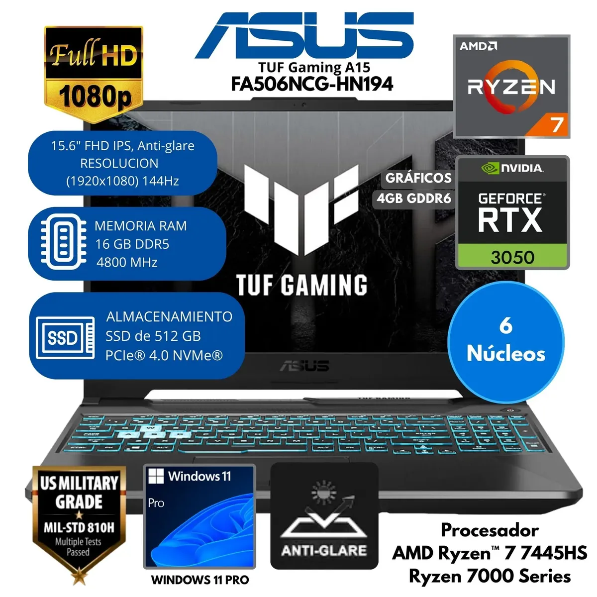 ASUS - Laptop Gamer ASUS TUF FA506NCG-HN194 15.6″ AMD Ryzen 7-7445HS 16GB SSD512GB RTX3050 4GB Windows 11