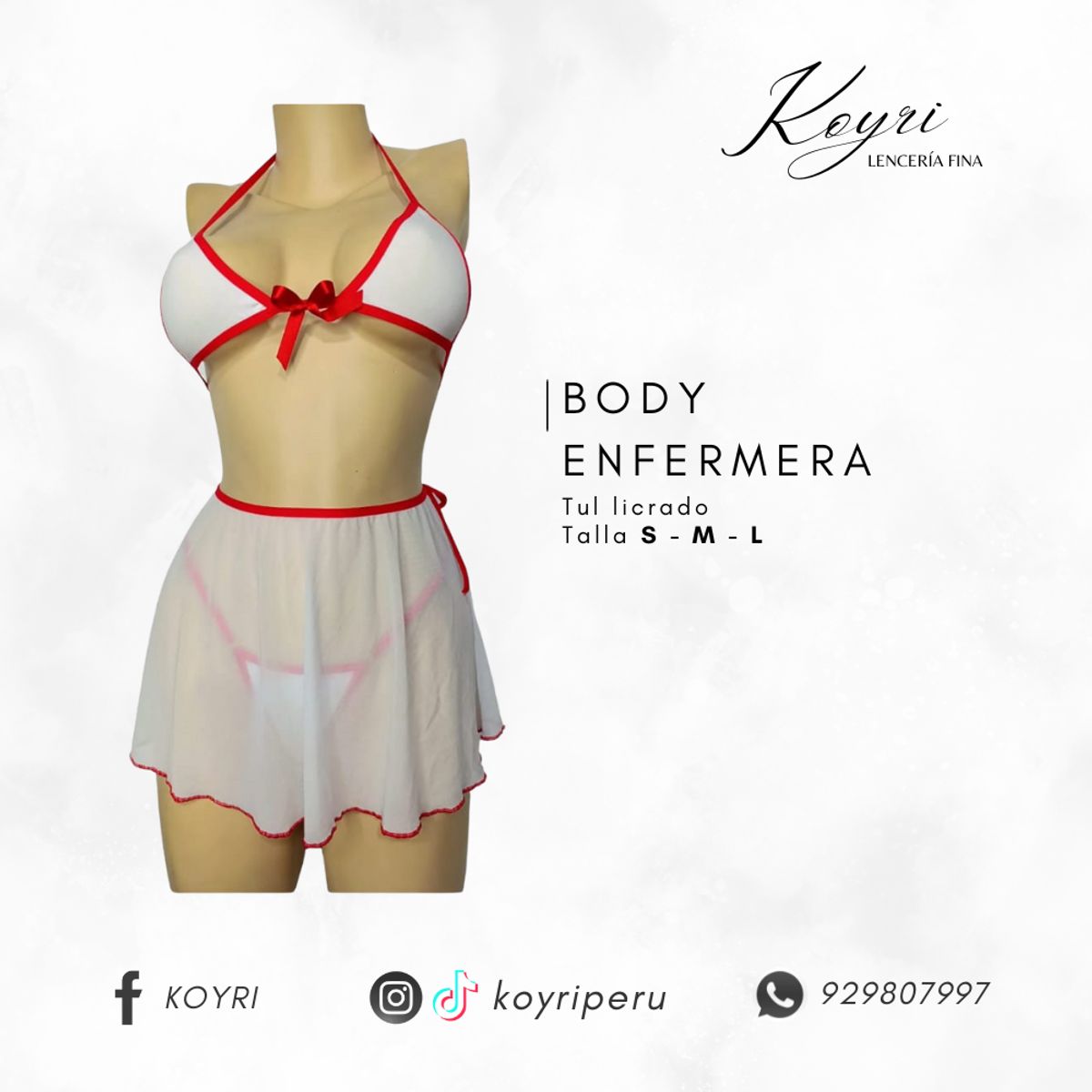 GENERICO - CONJUNTO ENFERMERA - LENCERÍA EN TUL LICRADO - 3 PIEZAS