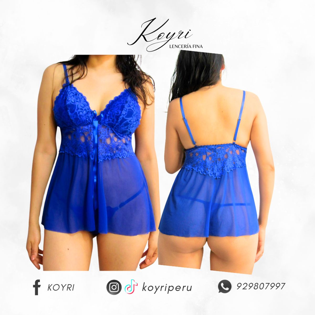 GENERICO - BABYDOLL AZUL 2 PIEZAS - LENCERIA ENCAJE Y TUL LICRADO