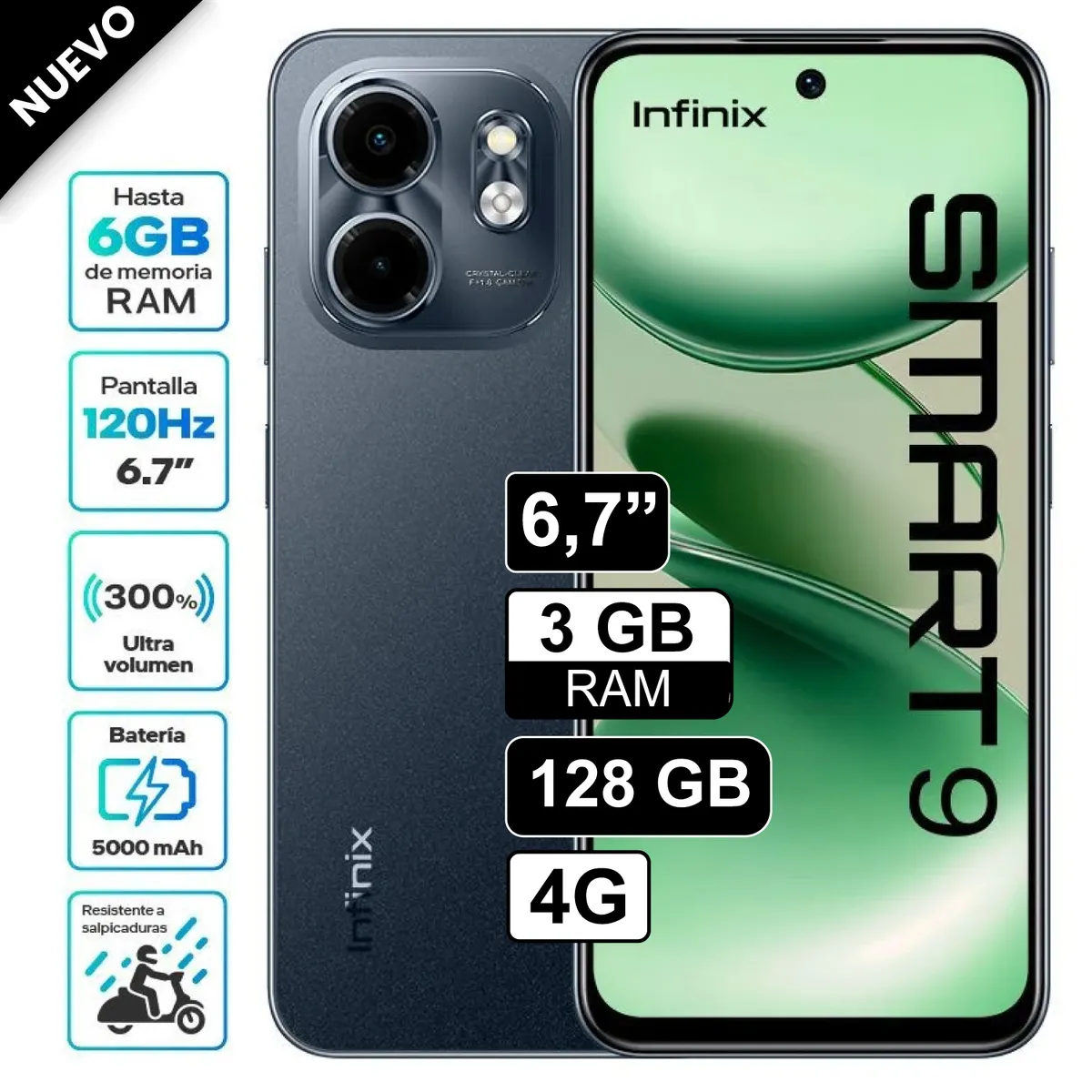 INFINIX - Celular Infinix Smart 9 128GB 3GB Ram Negro Pantalla LCD 120Hz 13MPX Batería 5000 mAh