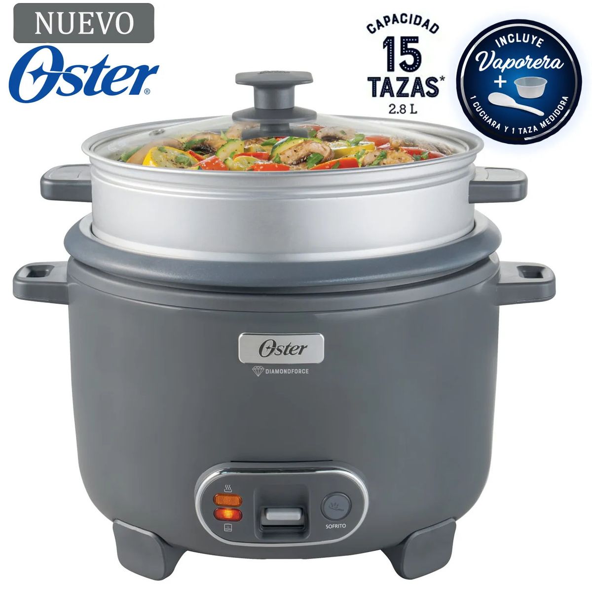OSTER - Olla Arrocera Oster 15 Tazas 3 en 1 Función de Sofrito Vaporera Gris