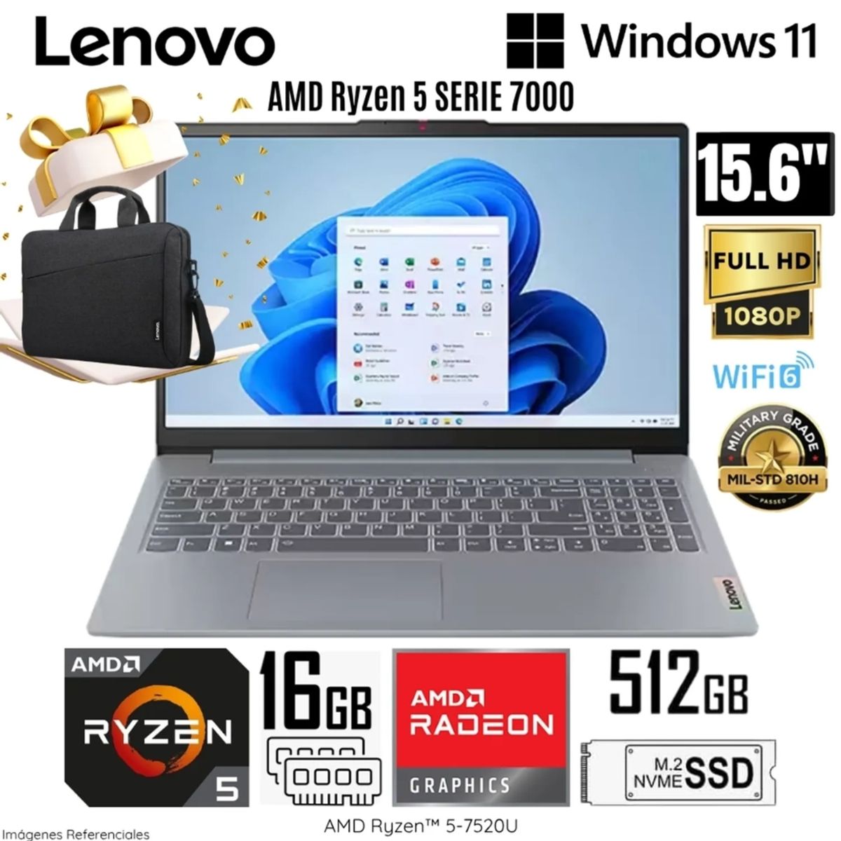 LENOVO - Laptop Lenovo IdeaPad Slim 3 AMD Ryzen 5-7520U 16GB RAM 512GB SSD 15.6"  FHD 82XQ00N6LM + Maletín