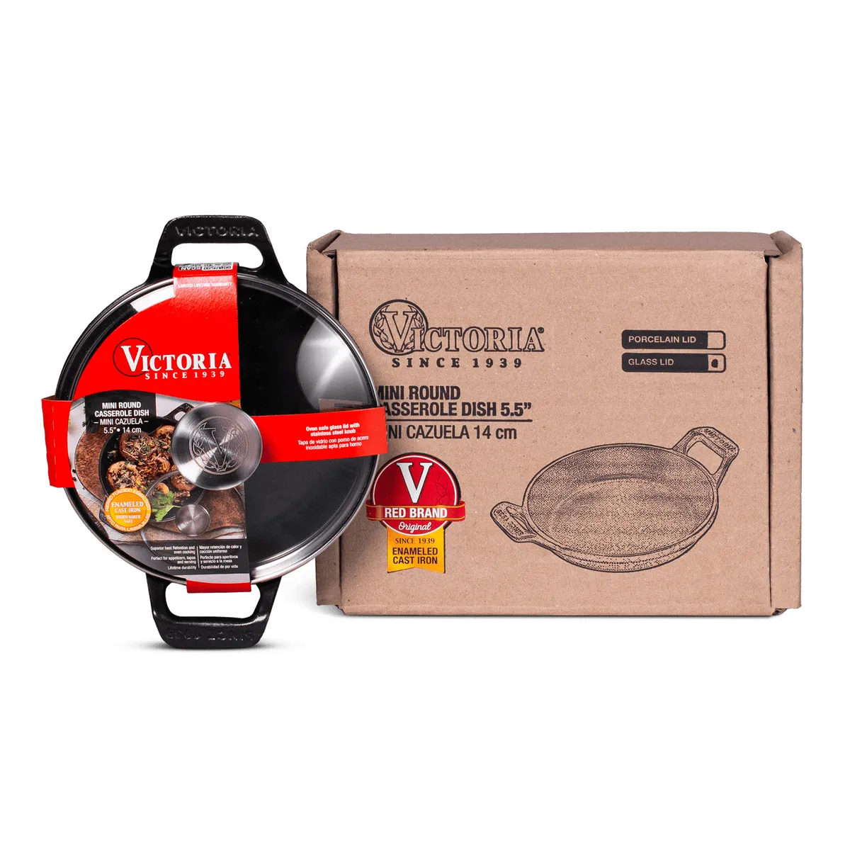 VICTORIA - Cazuela N° 14 de Hierro Fundido Esmaltada C/Tapa de vidrio