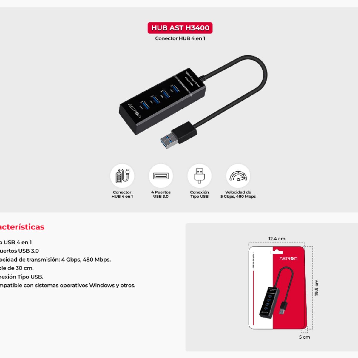 MICRONICS - Hub USB 4 en 1 H3400 4 Puertos 3.0 Alta Velocidad Astrom