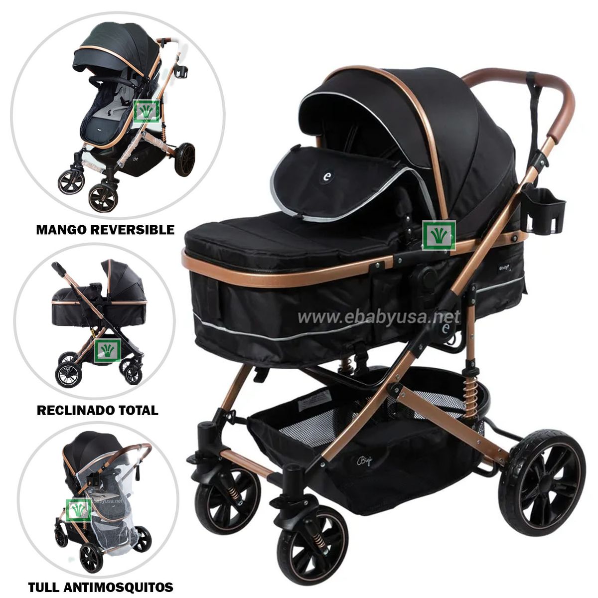 EBABY - Coche Moises para Bebe Bigi con Mango Reversible Negro