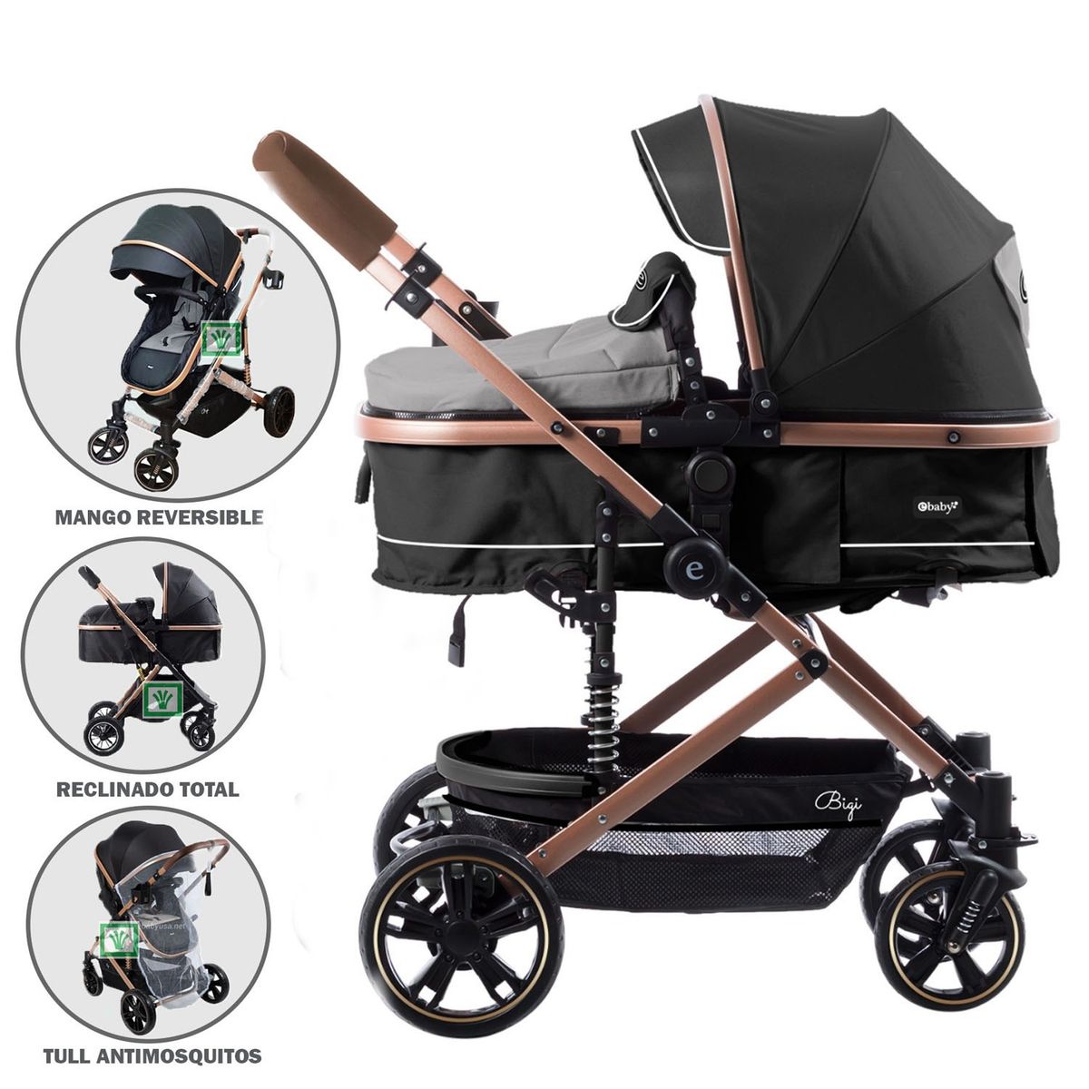 EBABY - Coche Moises para Bebe Bigi con Mango Reversible Gris