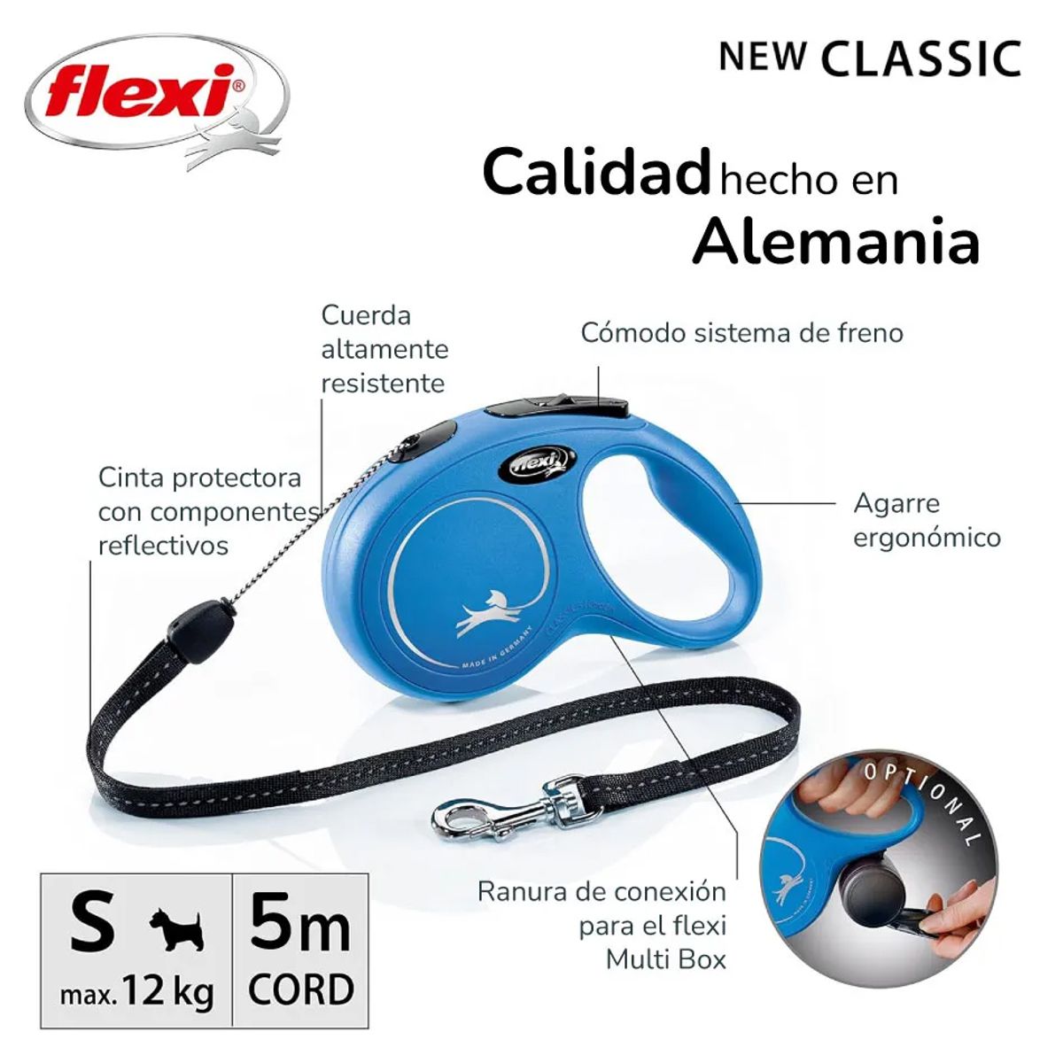 FLEXI - Correa retráctil New Classic cord 5m 12kg max Azul - M