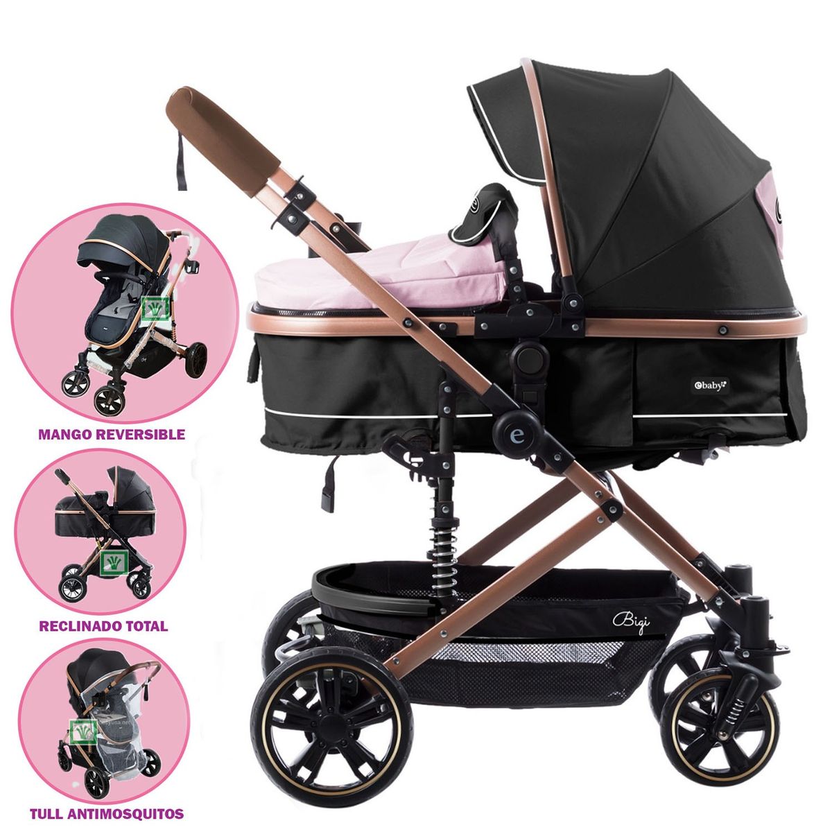 EBABY - Coche Moises para Bebe Bigi con Mango Reversible Rosado