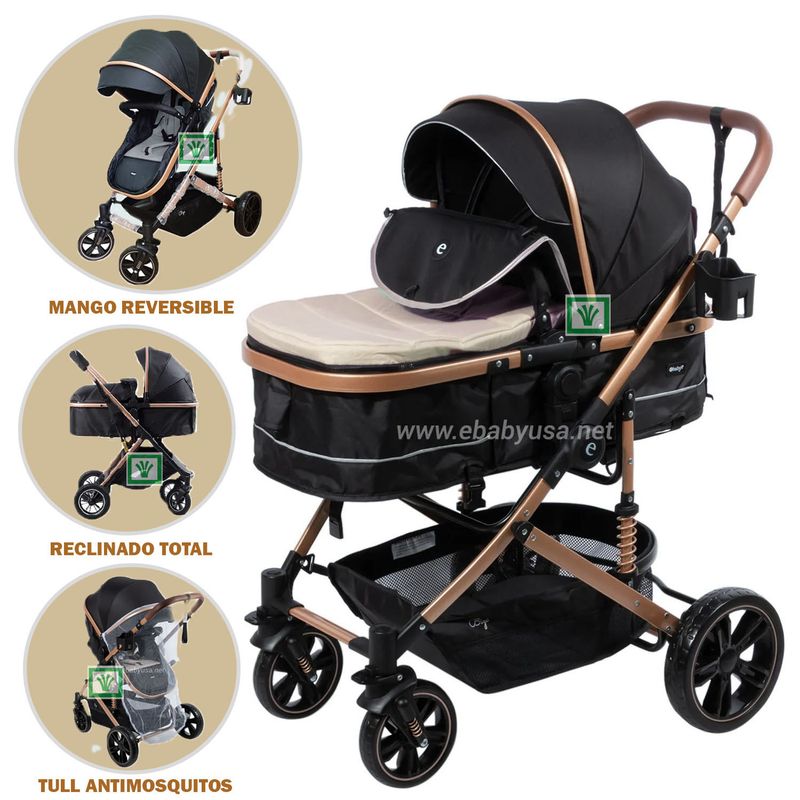 EBABY - Coche Moises para Bebe Bigi con Mango Reversible Beige