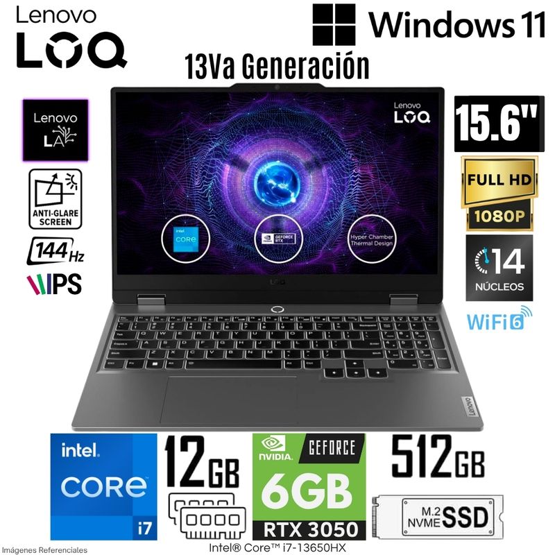 LENOVO - Laptop Lenovo LOQ Intel Core i7-13650HX 12GB DDR5 RAM 512GB SSD RTX 3050-6GB 15.6"  FHD Luna Grey