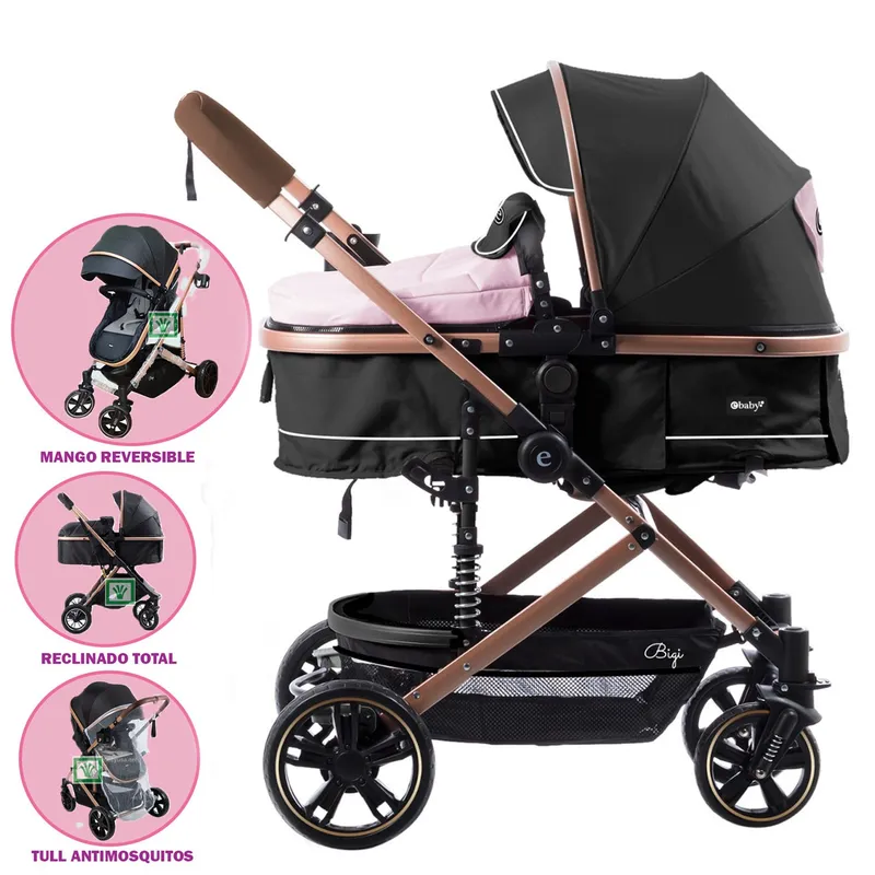 EBABY - Coche Moises para Bebe Bigi con Mango Reversible Rosado