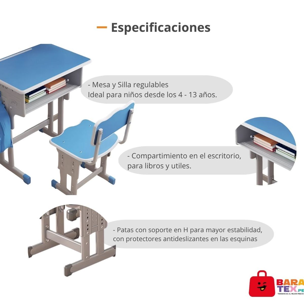 GENERICO - Escritorio y silla para niños regulable - AZUL