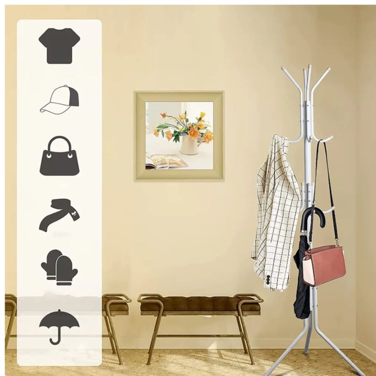 GENERICO - Perchero de Pie Metal Organizador Colgador Estante 1.75 MT Blanco