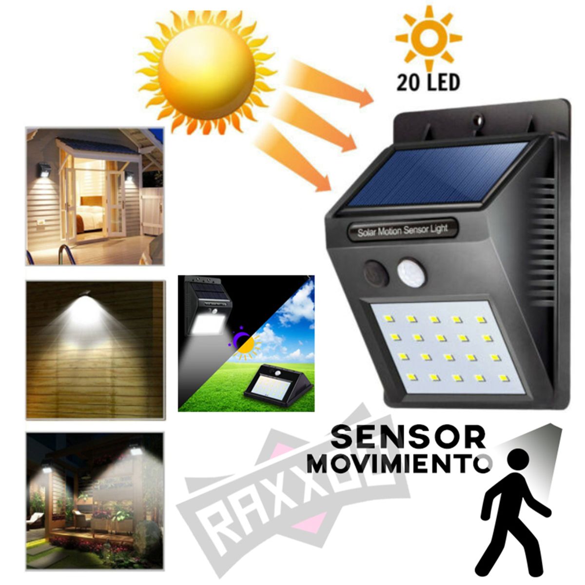 GENERICO - Reflector foco lampara led luz solar con sensor movimiento 20 leds