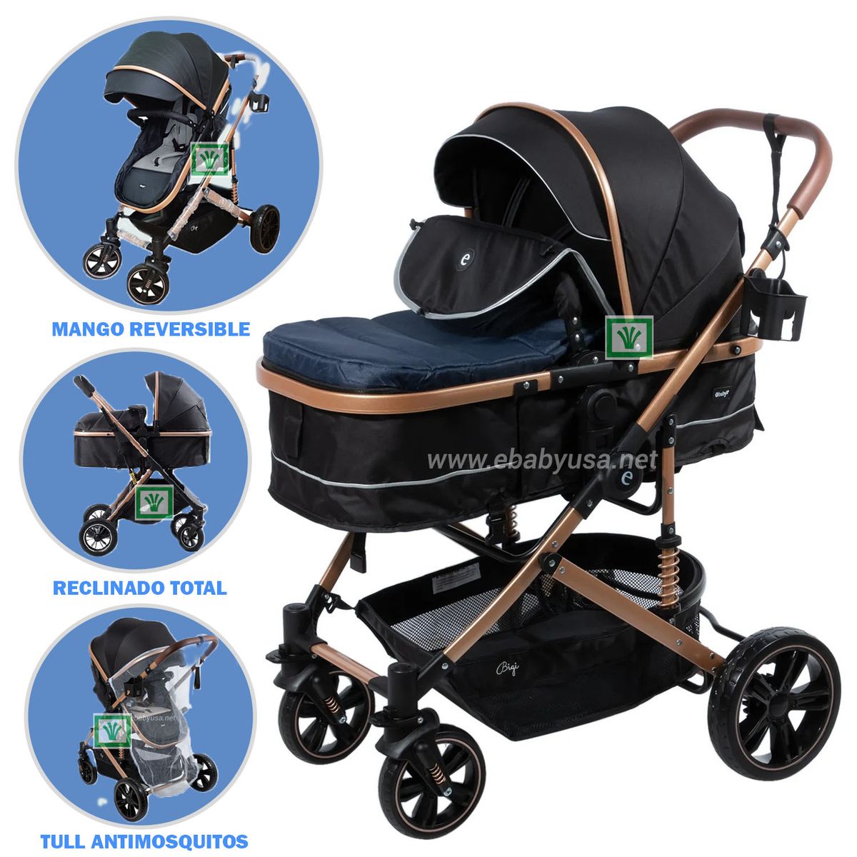 EBABY - Coche Moises para Bebe Bigi con Mango Reversible Azul