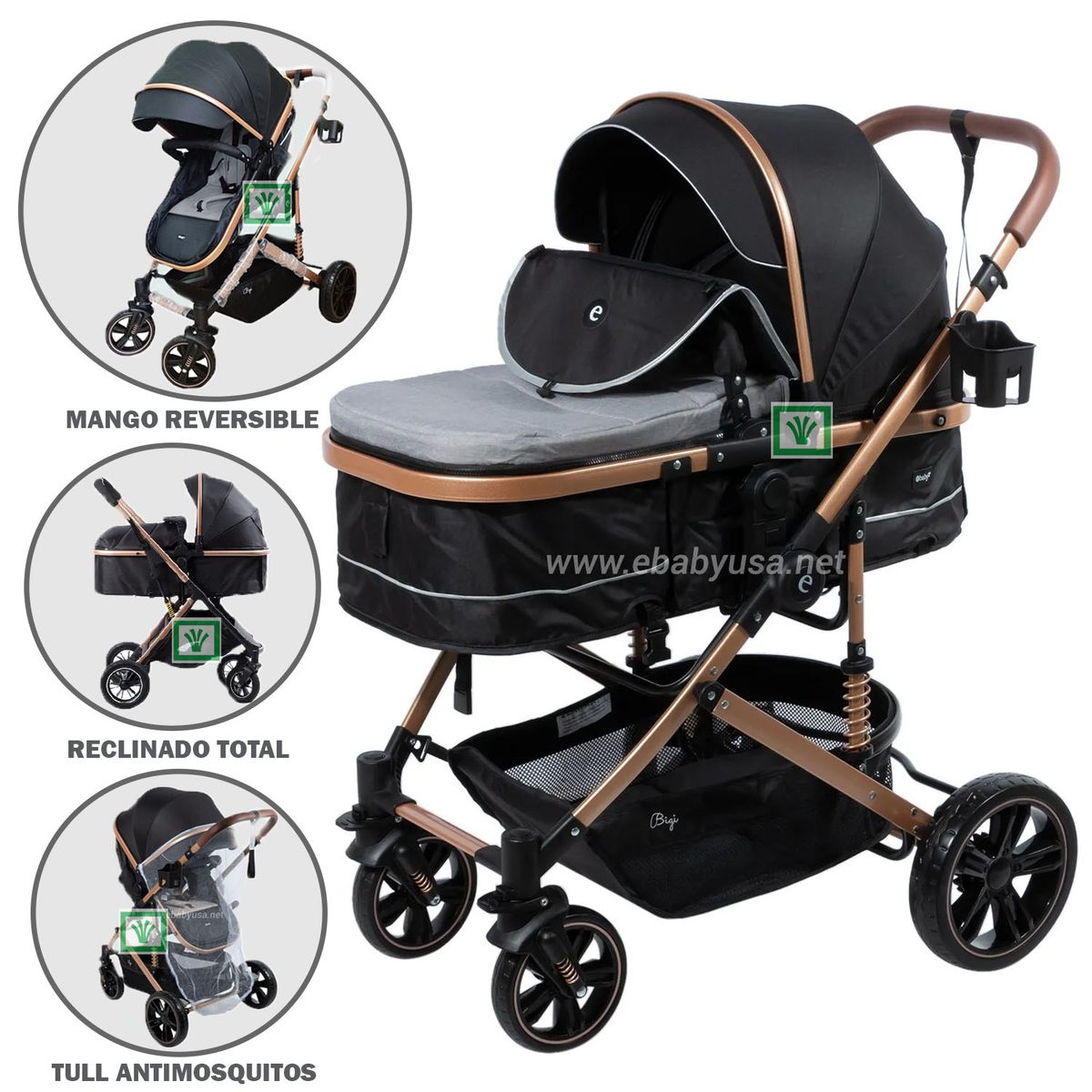 EBABY - Coche Moises para Bebe Bigi con Mango Reversible Gris