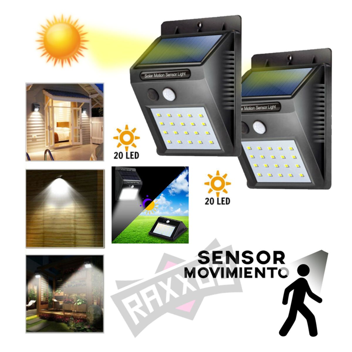 GENERICO - Kit 2 foco lampara led luz solar con sensor movimiento 20 led reflect