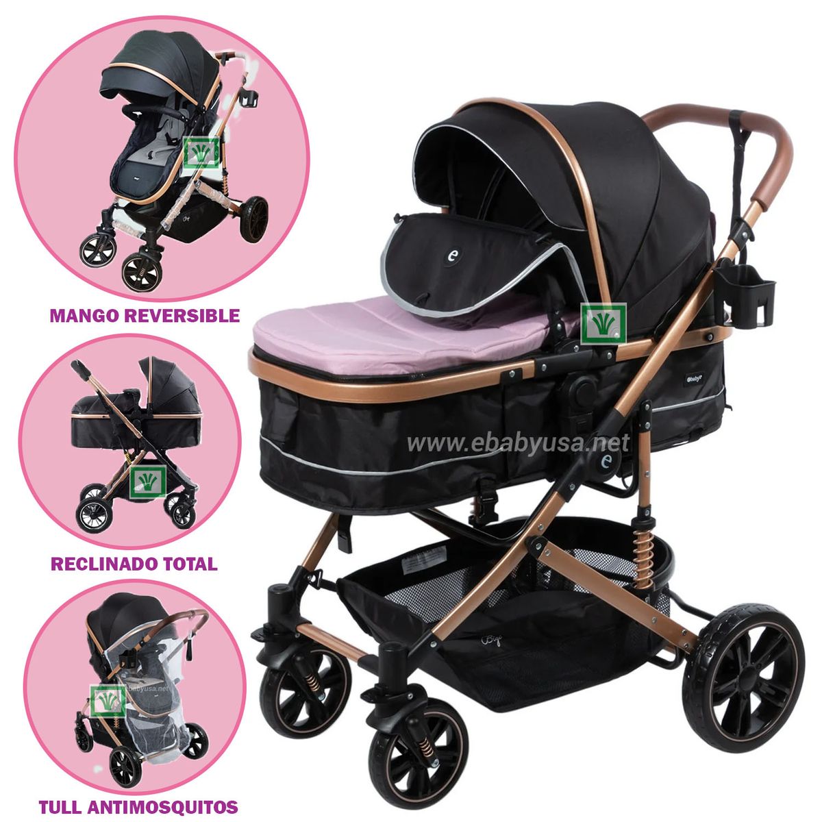 EBABY - Coche Moises para Bebe Bigi con Mango Reversible Rosado