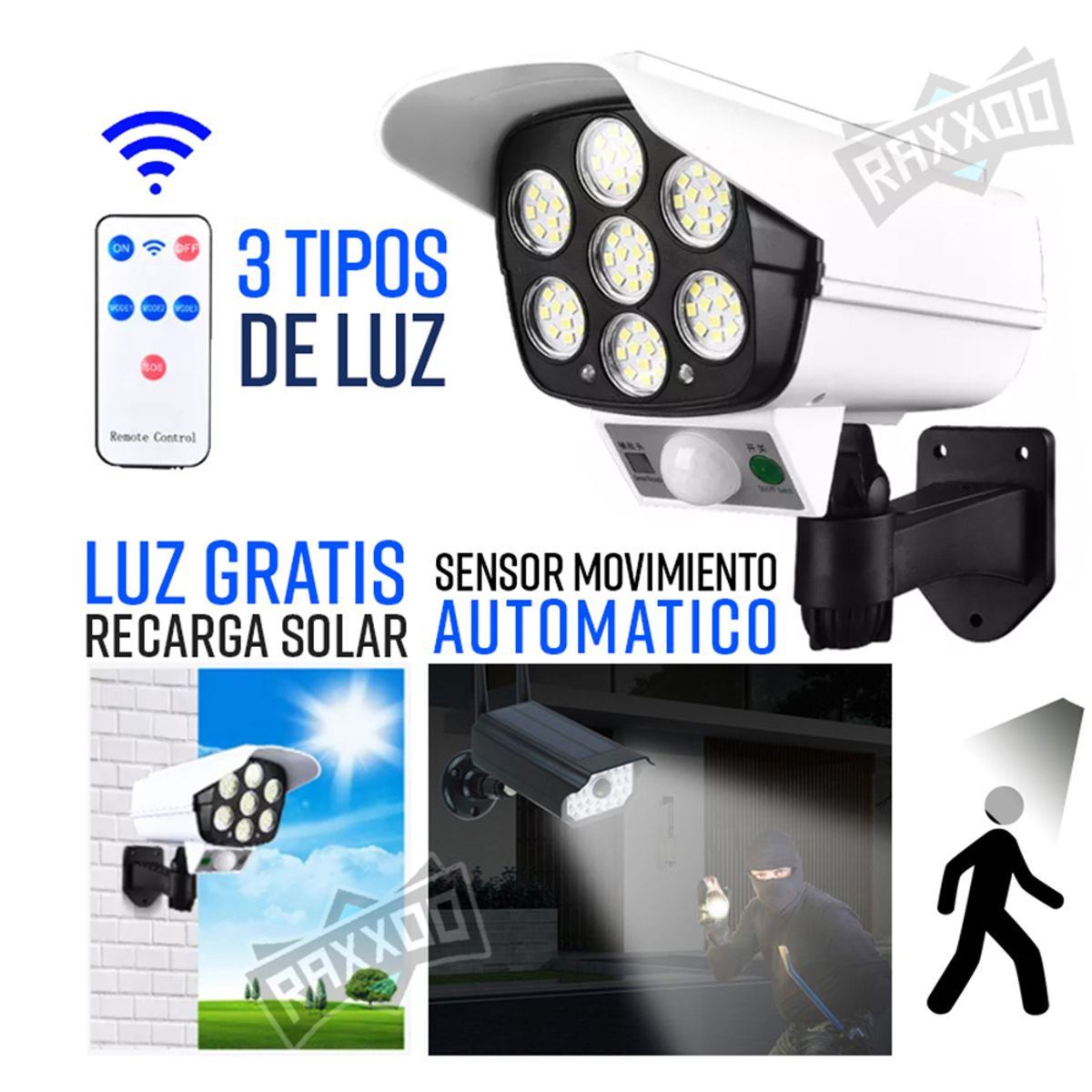 GENERICO - Lámpara solar foco con sensor de movimiento forma camara seguridad