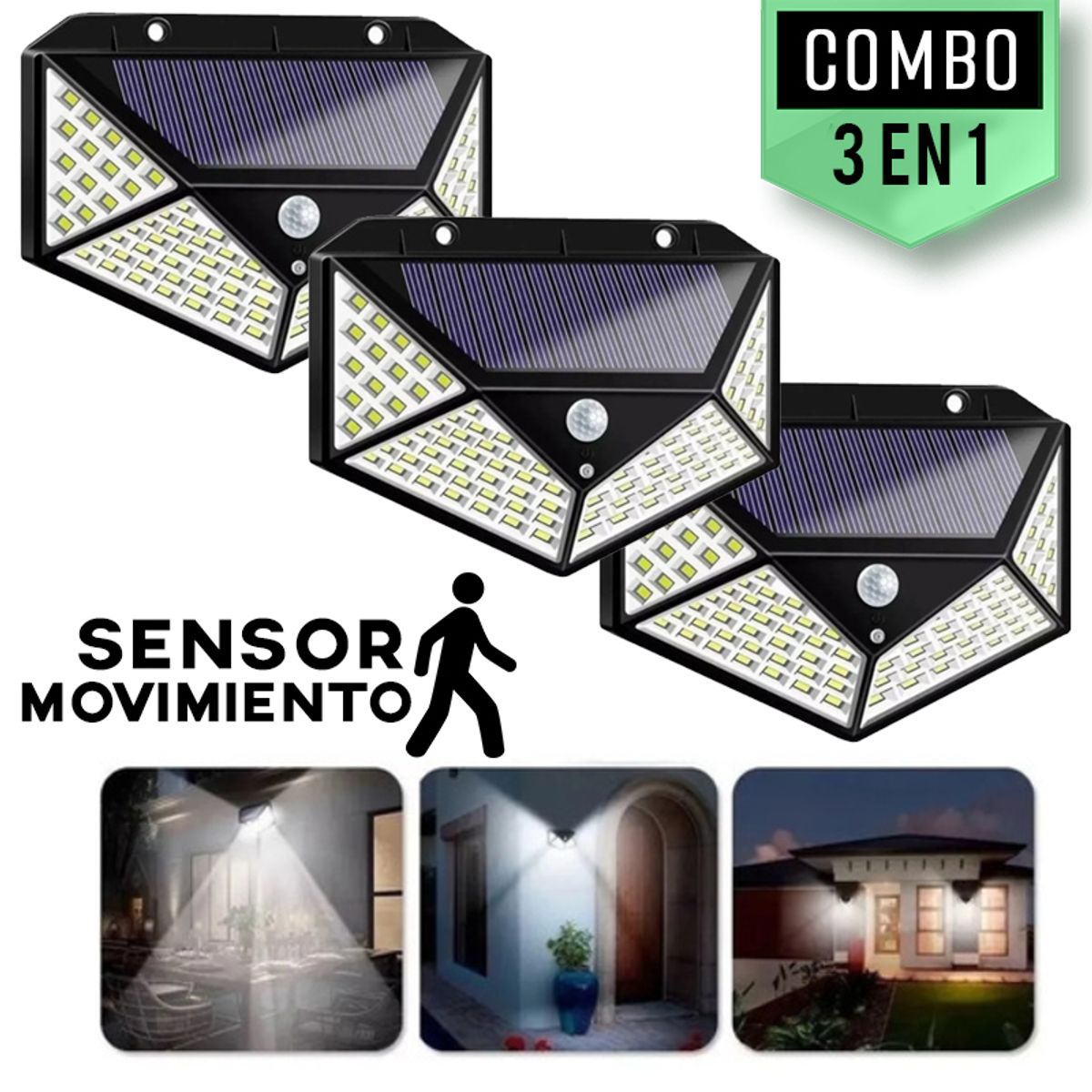 GENERICO - Kit 3 lamparas solar con sensor de movimiento luz reflector 100 leds