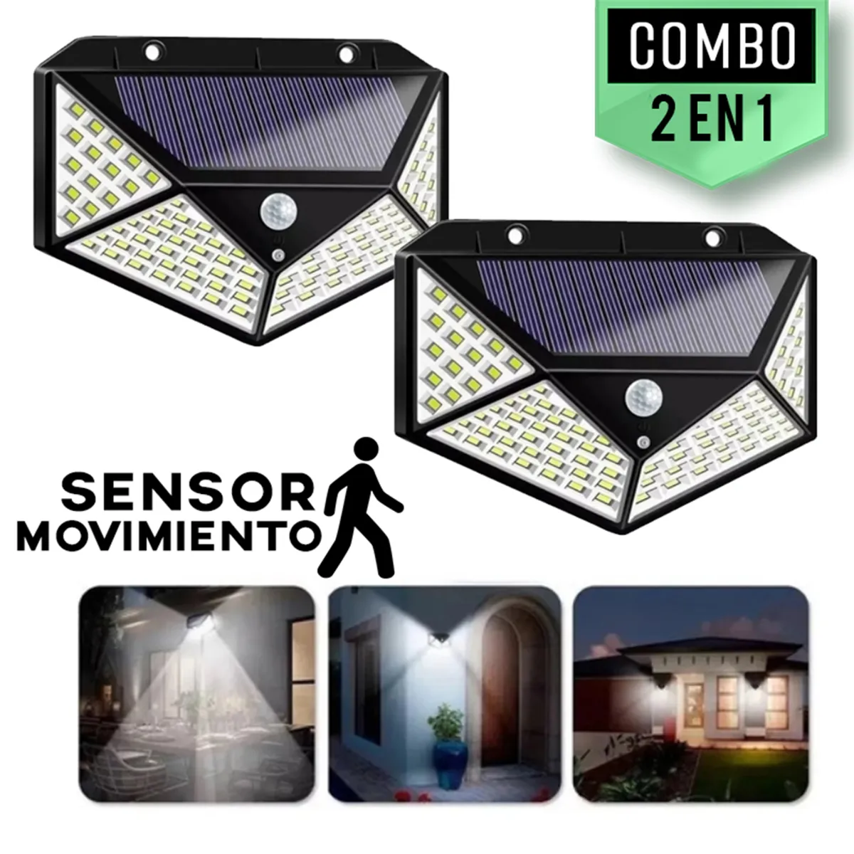 GENERICO - Combo lampara solar con sensor de oscuridad y movimiento luz 100 leds