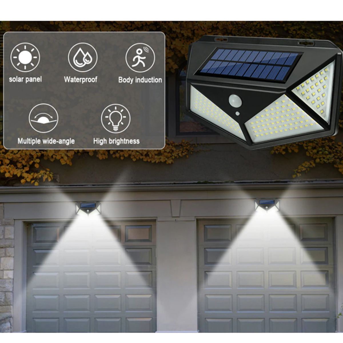 GENERICO - Combo lampara solar con sensor de oscuridad y movimiento luz 100 leds