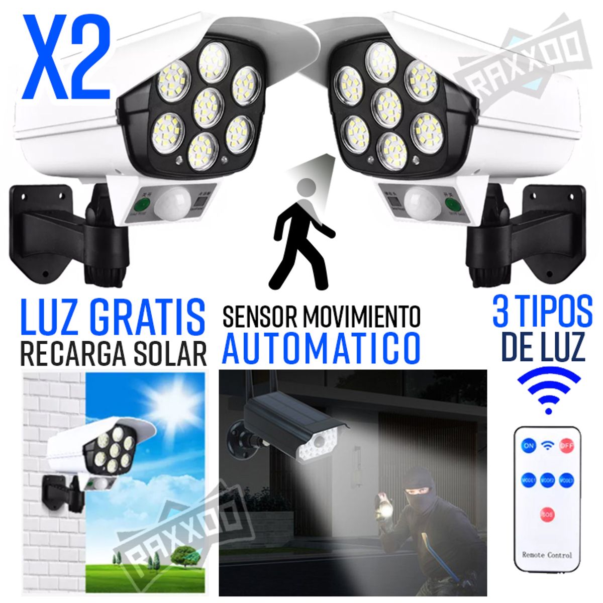 GENERICO - Combo lámpara solar foco  sensor de movimiento forma camara seguridad