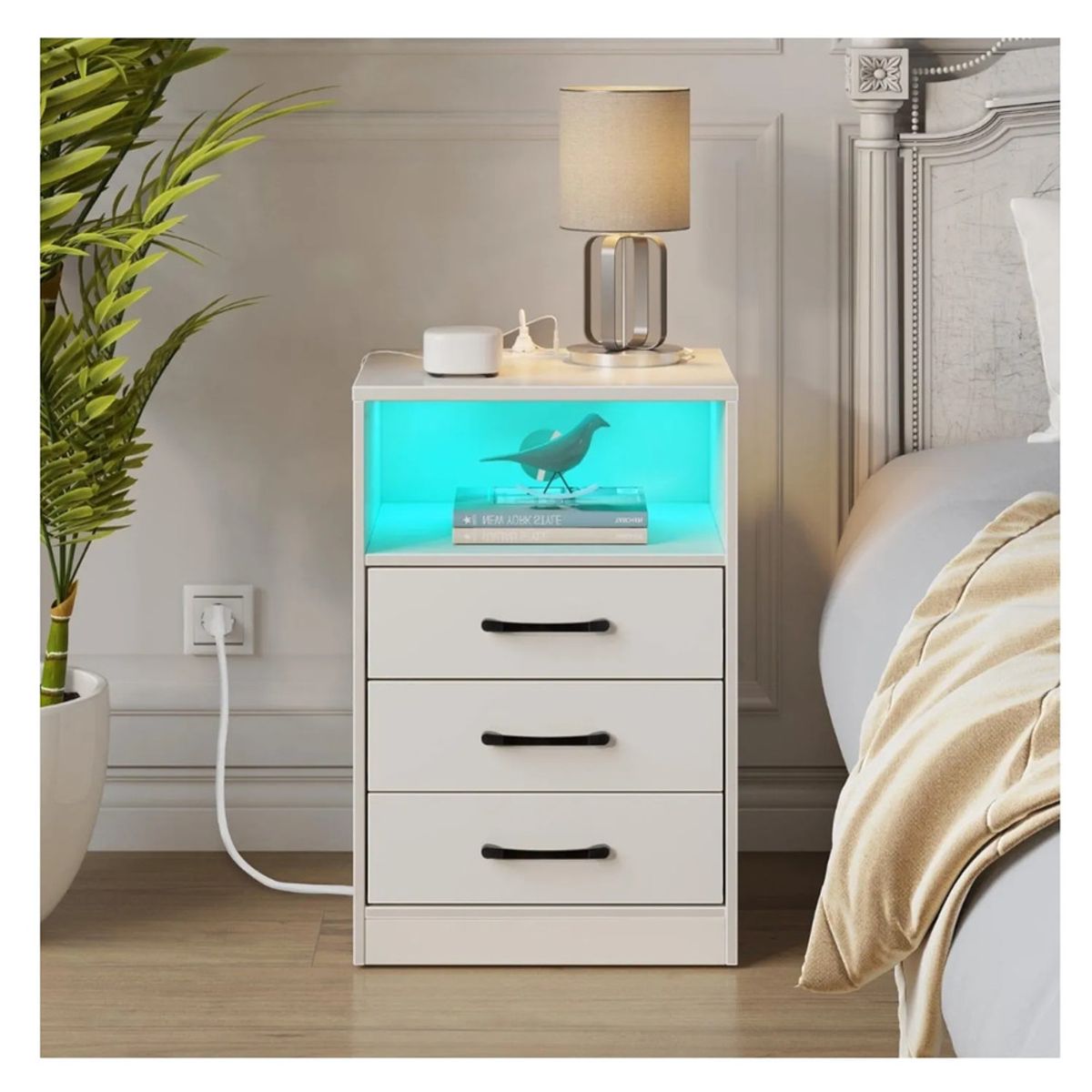 TU MESITA - Velador Multifuncional con Luz y Panel de Enchufes Lumi Blanco TU MESITA