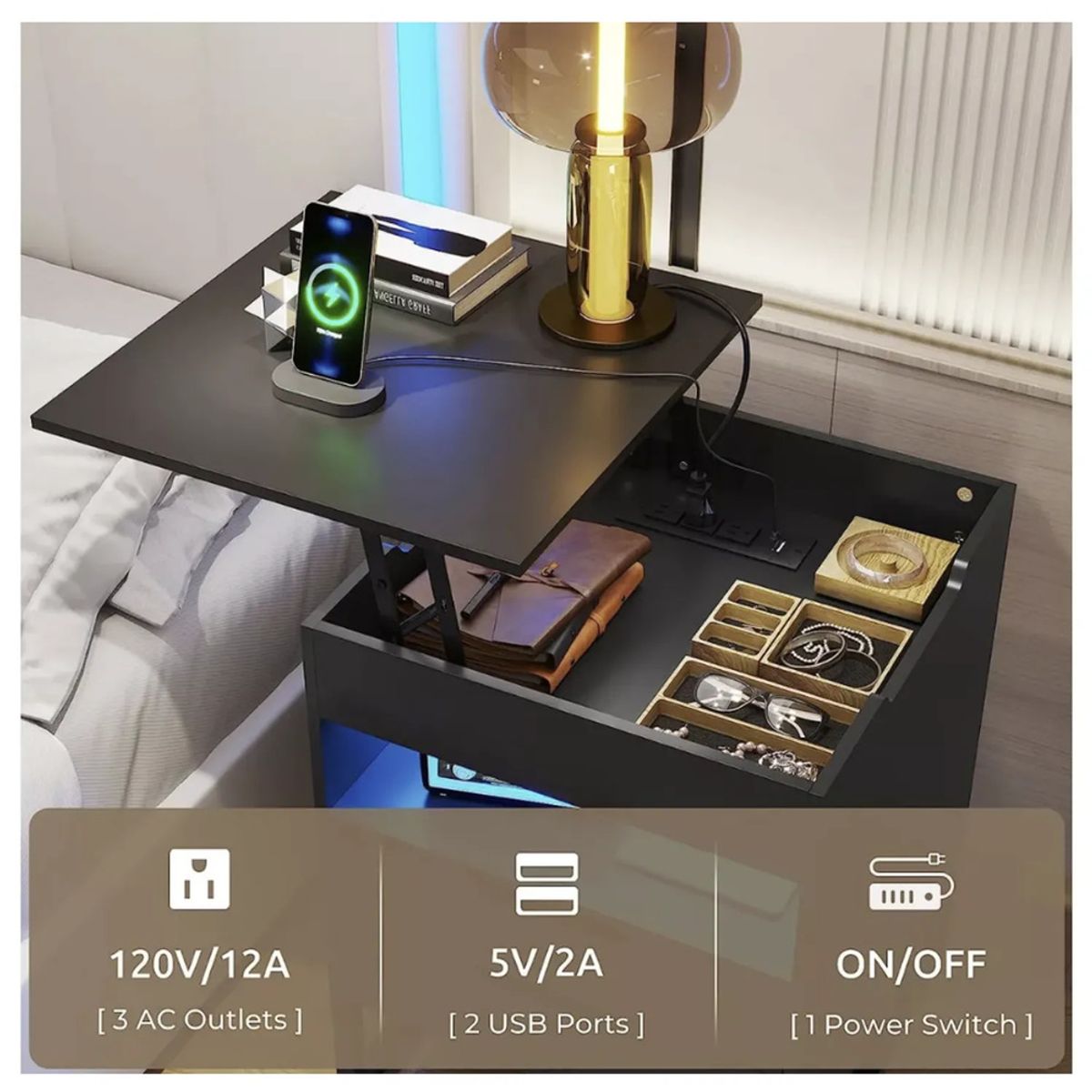 TU MESITA - Velador Multifuncional Matias TIPO A con Tablero Elevable y Luz LED TU MESITA