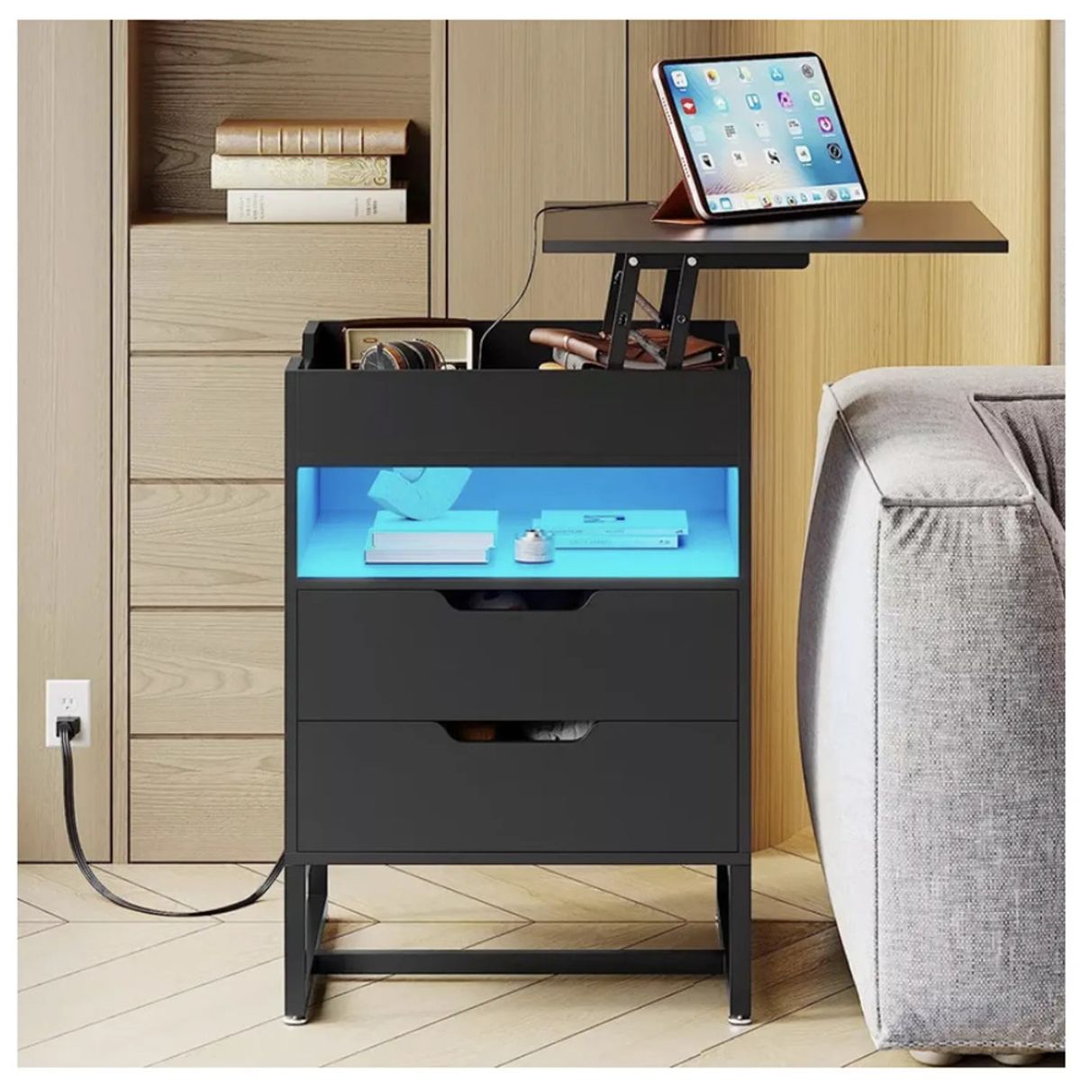 TU MESITA - Velador Multifuncional Matias TIPO B Tablero Elevable LuzLED TU MESITA