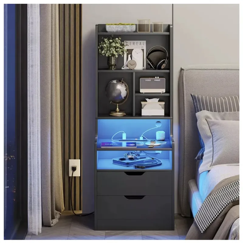 TU MESITA - Velador Alto con Luz LED y Panel de Carga Eduardo Color Grafito TU MESITA