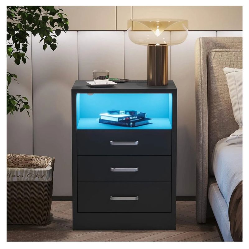 TU MESITA - Velador Neo Black de 3 Cajones con Luz LED y Panel de Enchufes TU MESITA