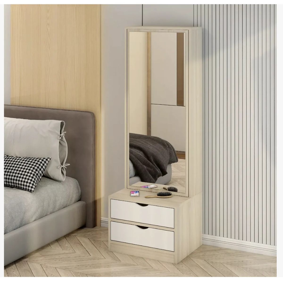 TU MESITA - Velador Mirror Alto Moderno 2 Cajones ManzanoBlanco TU MESITA