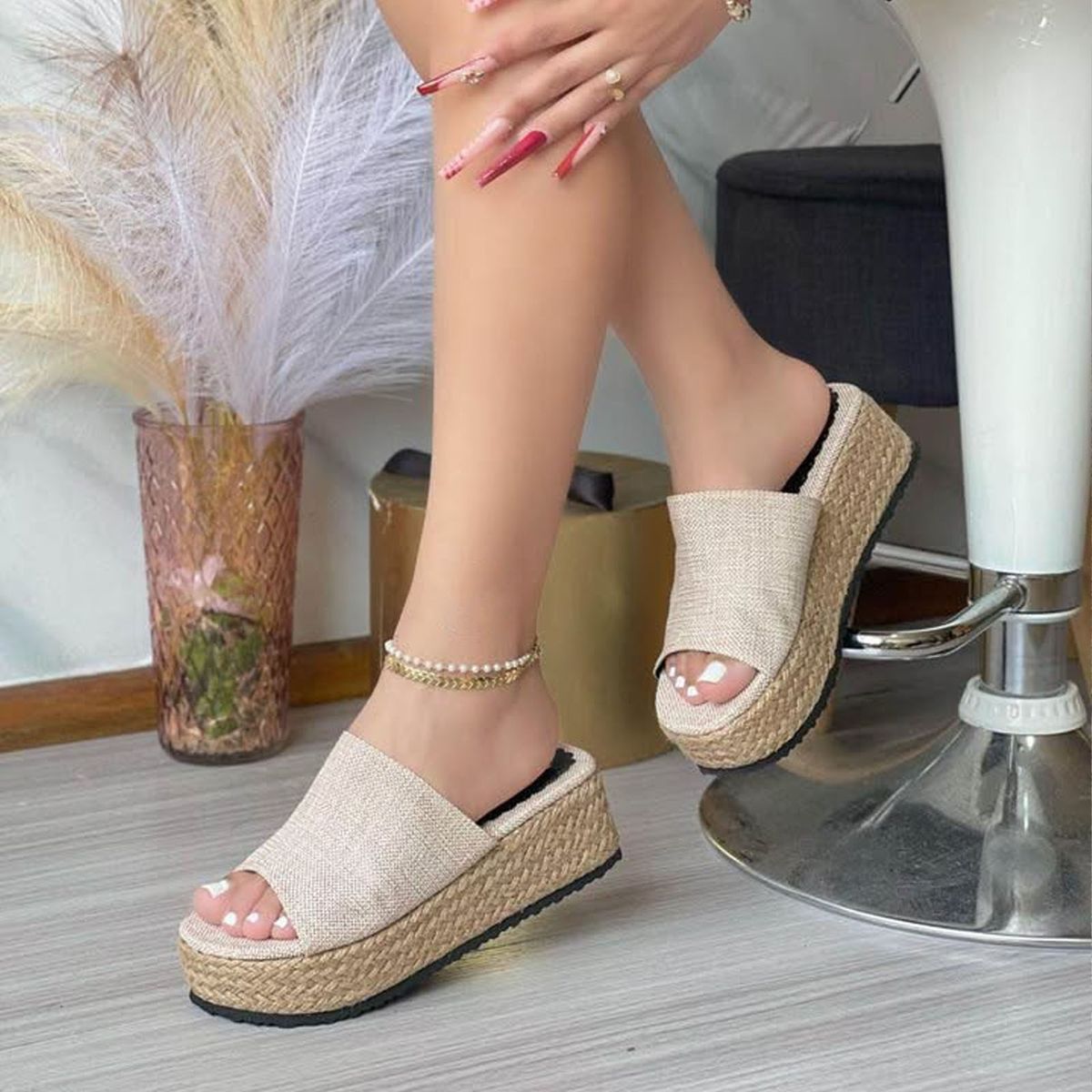GENERICO - Sandalia Mujer Yomar Yute Plataforma 5 Cm Color Beige Forrado