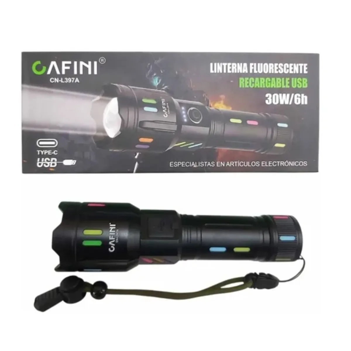 CAFINI - Linterna Táctica Recargable 30watts 2500 Lumen Super Potente