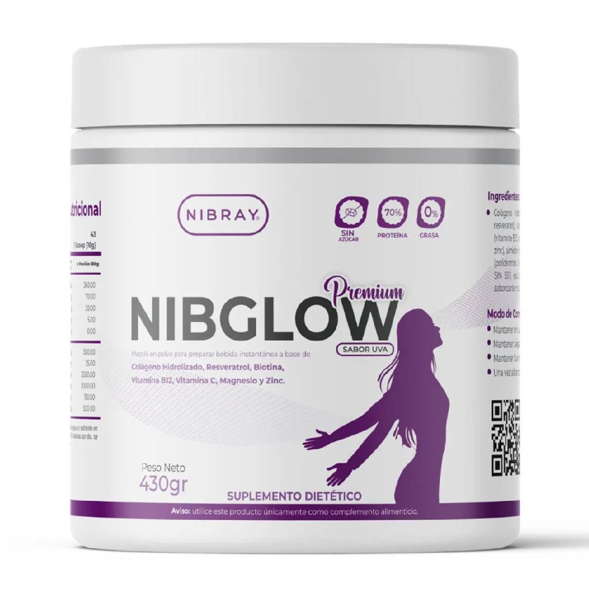 NIBRAY - Colageno con Resveratrol Biotina Zinc y Vitamina C NibGlow Premium