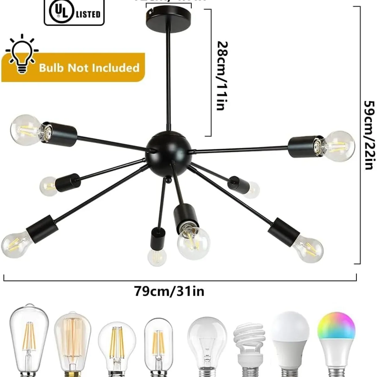 GENERICO - Lampara de Techo 8 Luces Negro - sin focos