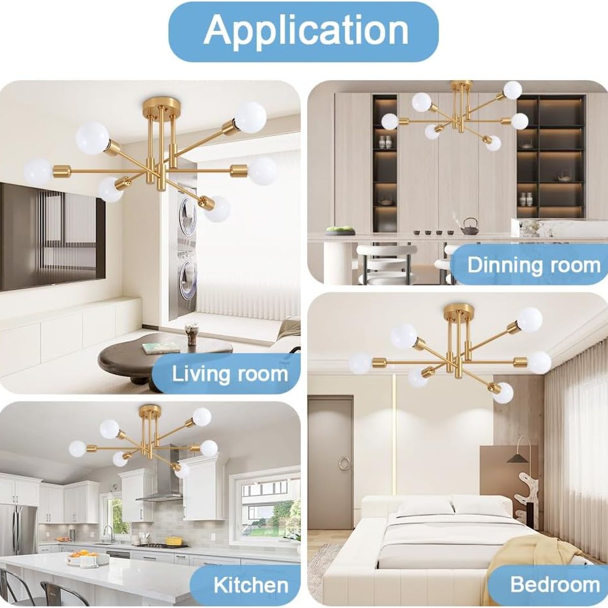 GENERICO - Lampara de Techo 6 Luces dorado - sin focos