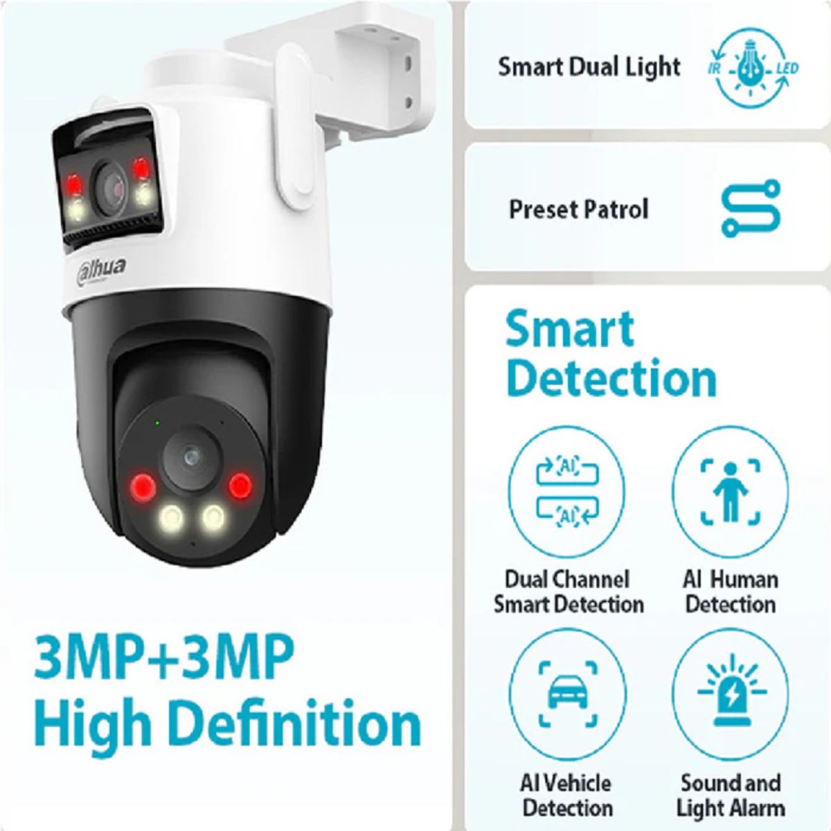 DAHUA - Cámara de seguridad PT WIFI lente dual 2k 3+3MP IA luz y alarma DAHUA DH-P3D-3F-PV