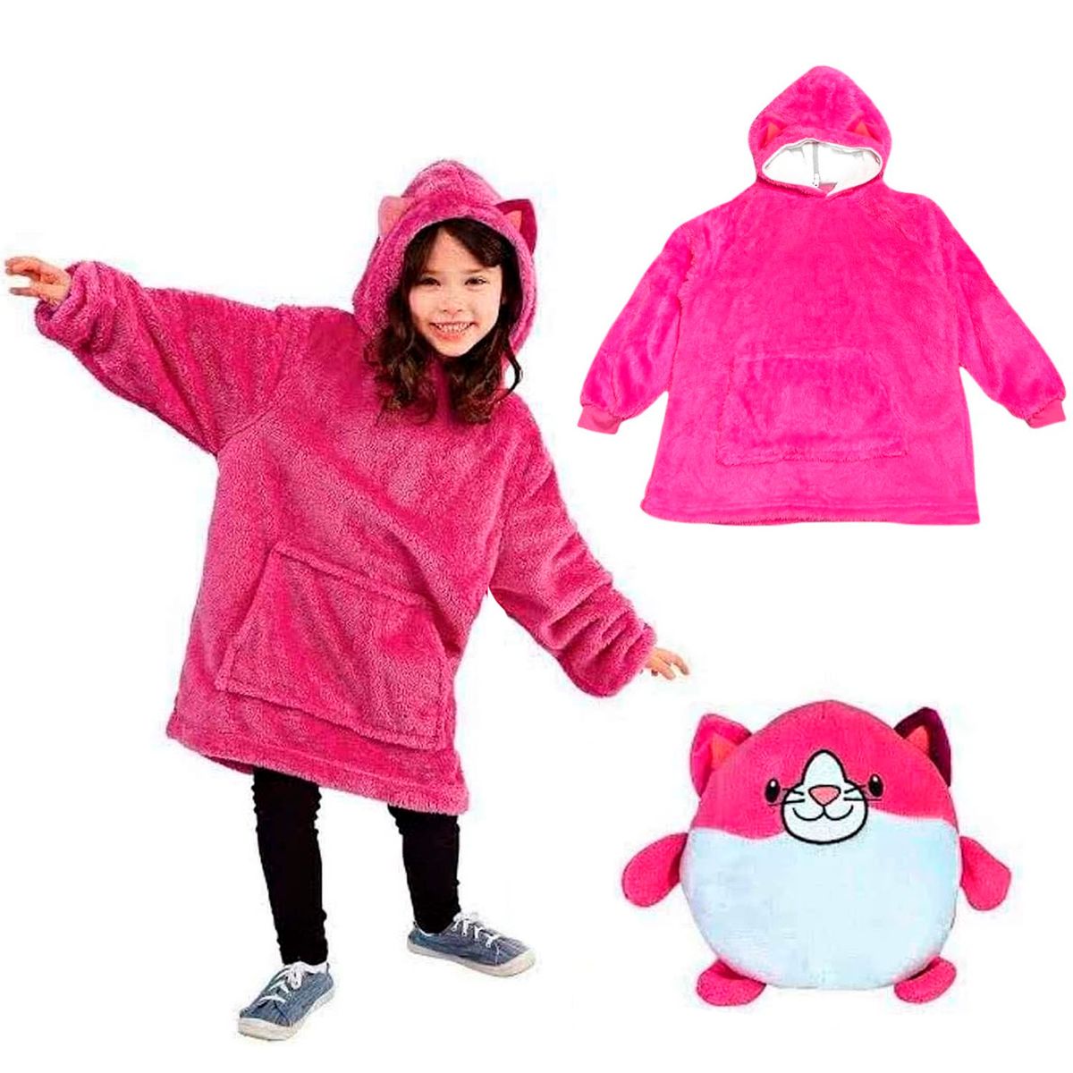 GENERICO - Peluche Convertible En Polera Con Capucha para Niñas Gato Rosa