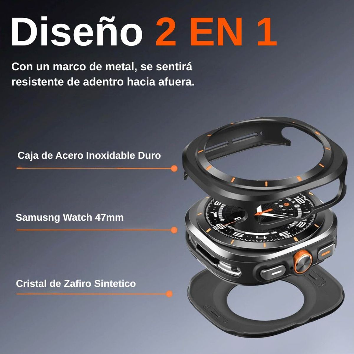 URVOI - Case Para Samsung Galaxy Watch Ultra 47mm de Metal Negro Naranja