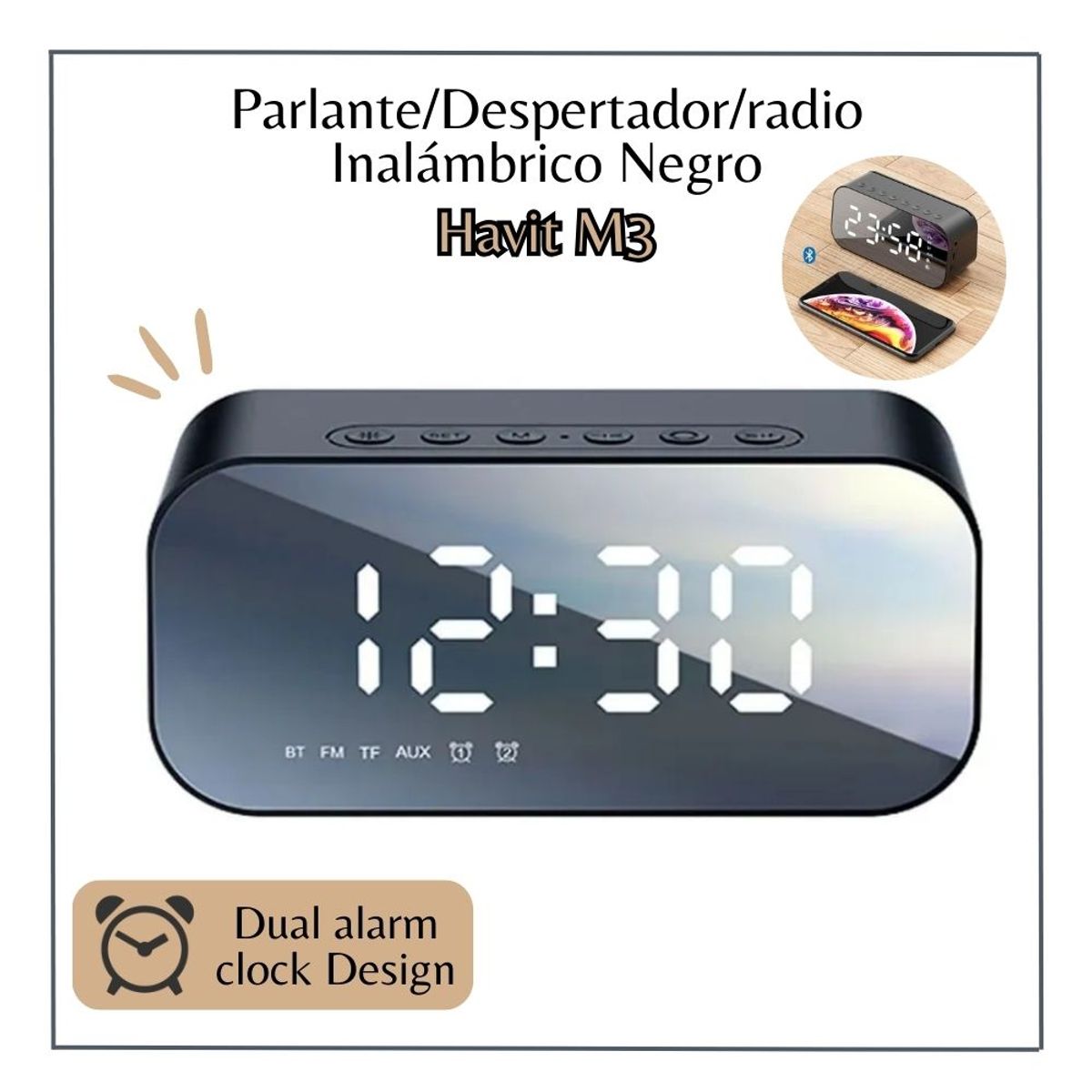 HAVIT - Parlante Bluetooth con Reloj y Despertador Havit M3